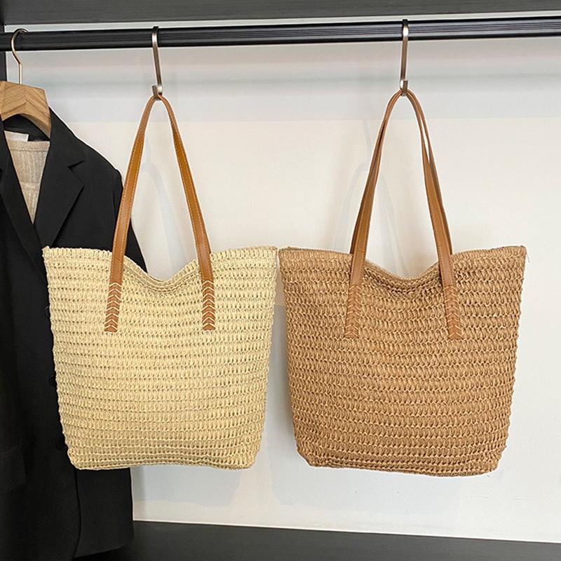 Women Top-Handle Bags Straw Summer Beach Straw Bucket Bag Woven Tote Purse Casual Travel Handbags for Women