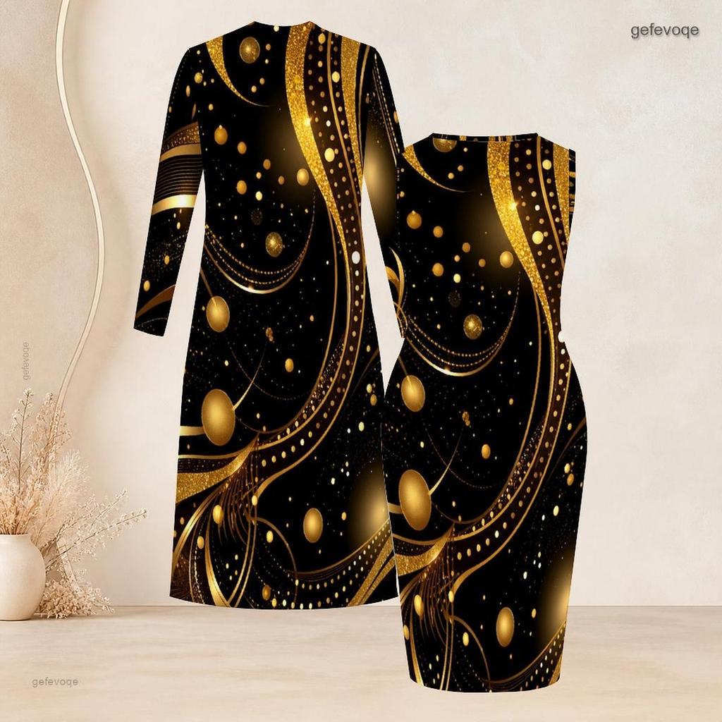 Women Plus Size Printed Two Piece Set Long Sleeve Open Front Cardigan Sleeveless Bodycon Dress