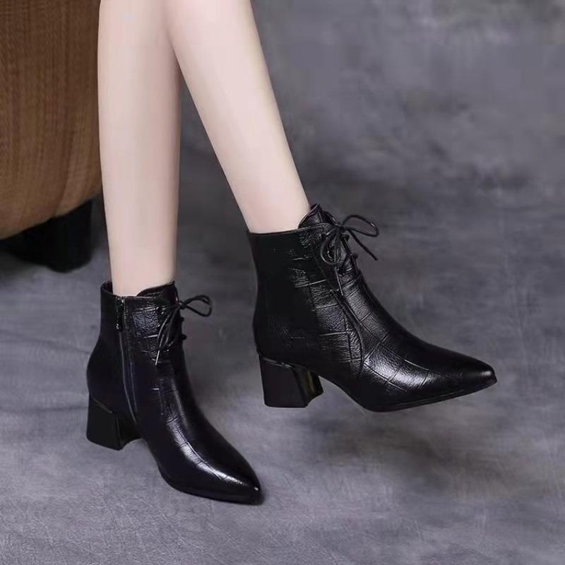 Women's Plus Size Pointed Toe Mid Heel Ankle Boots, Fleece Lined Winter Short Boots