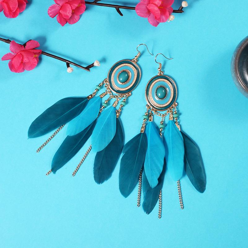 Bohemian Tassel Chain Feather Earrings for Women Unique Long Oval Drop Glaze Handmade Dangle Earring Pendiente Mujer Accessories
