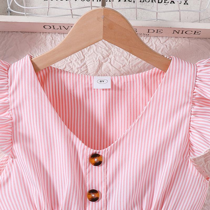 Dívčí letní šaty s proužkovaným výstřihem do V Dětské oblečení Krátké rukávy Uniformy pro střední školu Dětské Ležérní módní šaty