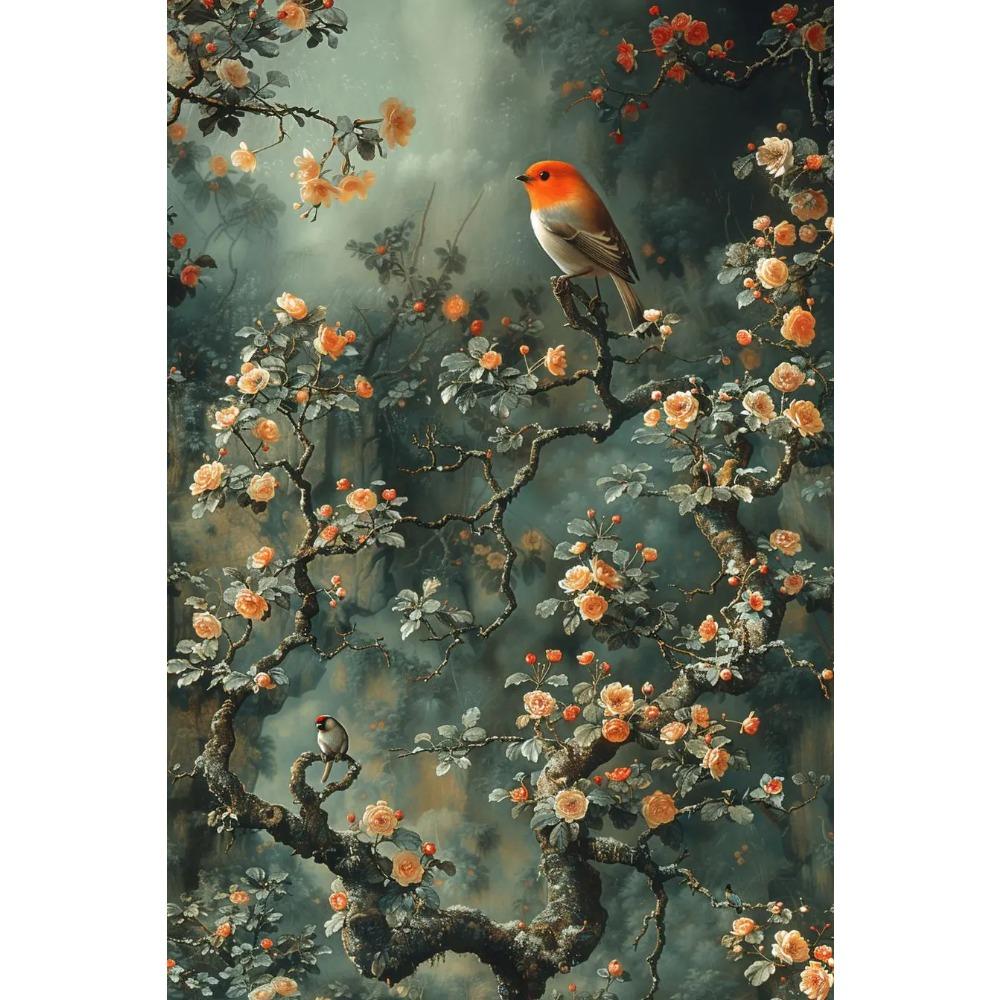 Vintage Birds on Flower Branches Canvas Wall Art Moody Art Poster Print For Living Room Retro Floral Canvas Painting Home Decor 21X30CMNo Framed