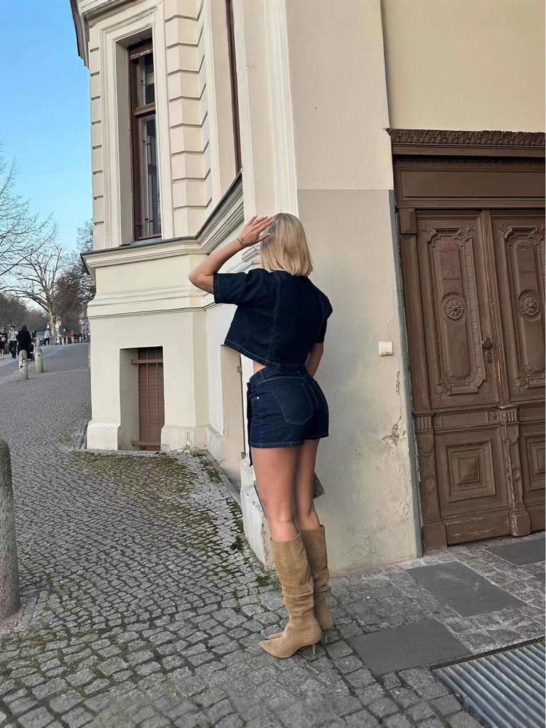 Women's Summer V-Neck Short Sleeve Top & High-Waisted Denim Two-Piece Set