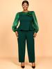 Plus Size Green Pants Set with Shiny Mesh Sleeves and 3D Floral Detail Perfect for Church Formal Gatherings and Special Events