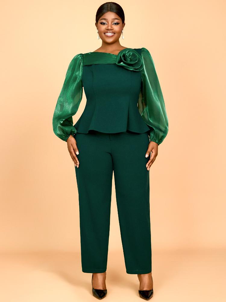 

Зеленый брючный костюм большого размера с блестящими сетчатыми рукавами и 3D цветочным декором, идеально подходящий для церкви, официальных мероприятий и особых событий. 4XL зелёный