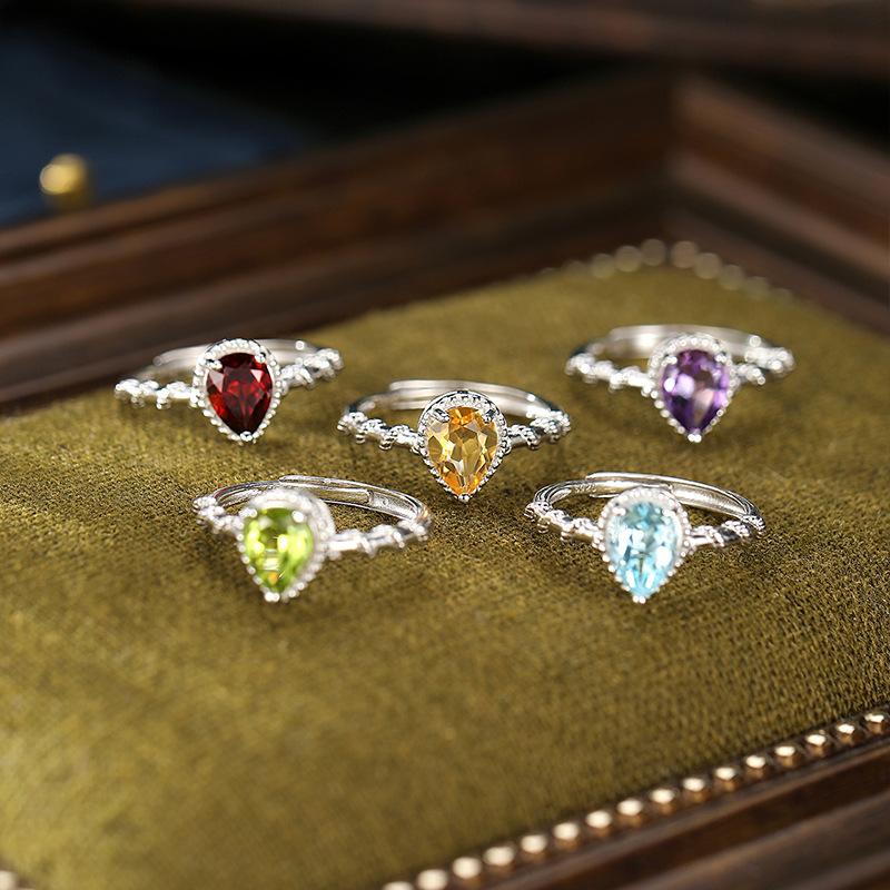 New Product Water Drop Natural Crystal Stone Olivine Colored Treasure Ring S925 Sterling Silver Niche Finger Ring Fashion Retro Jewelry Gift