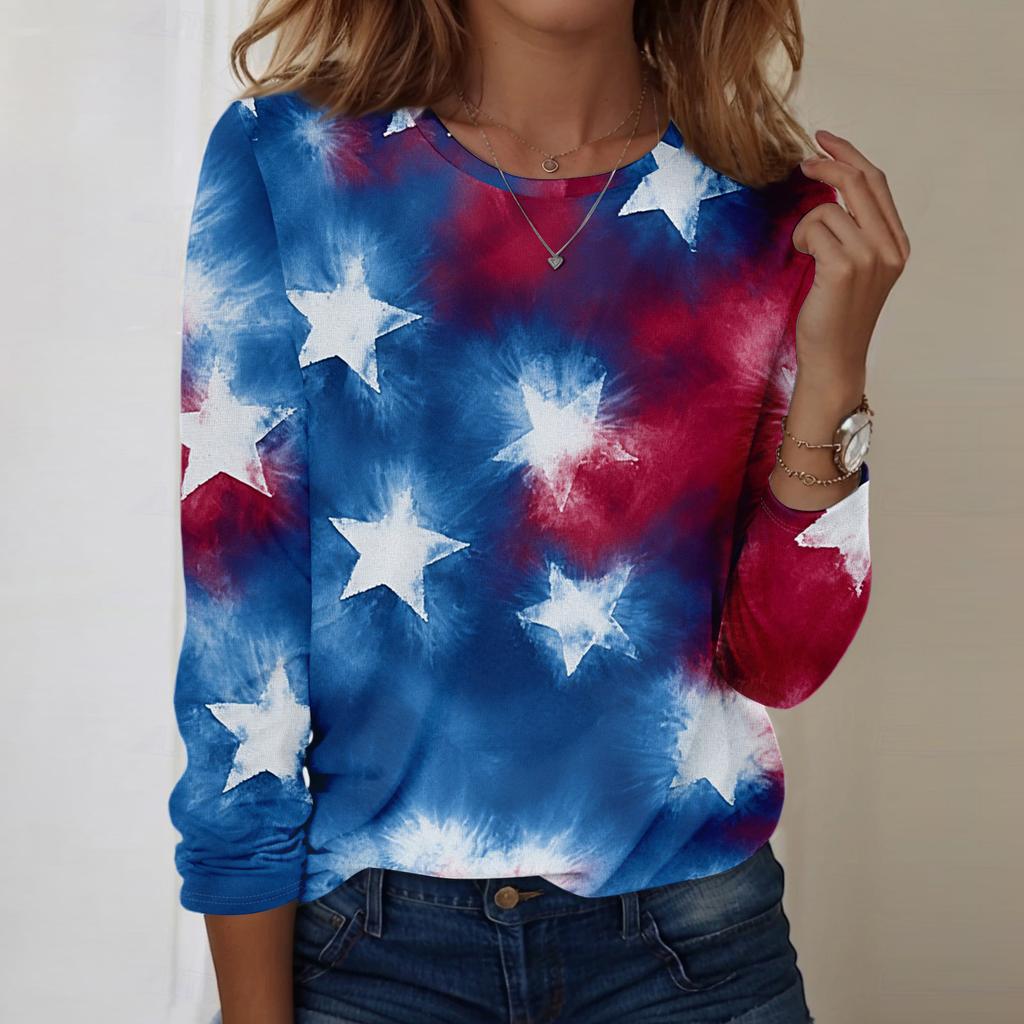 Women's Fashionable Casual Long-Sleeved Independence Day Print Neck Top