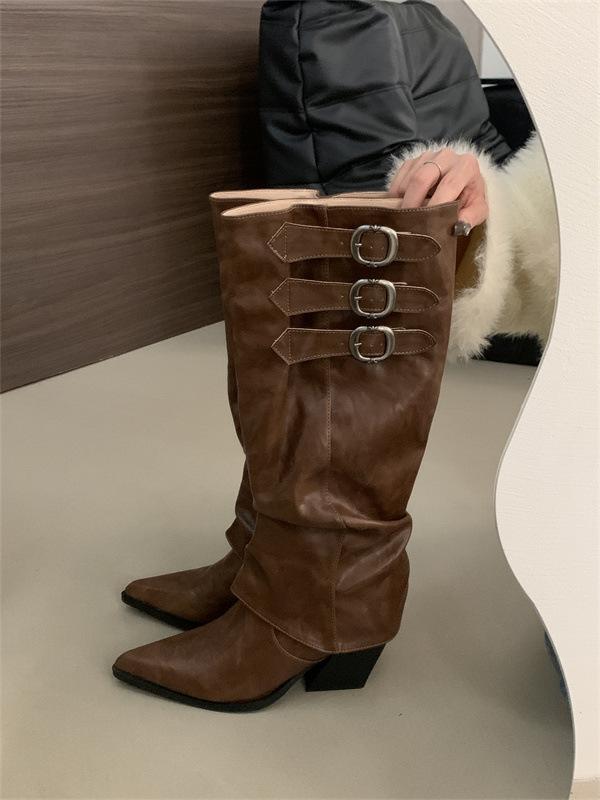 

2025 Осень и Зима Новые Ботинки Мода Пряжка на Ремне Ботинки Мартин Съемные Два Варианта Носки Высокие Ботинки Короткие Ботинки 39 коричневый