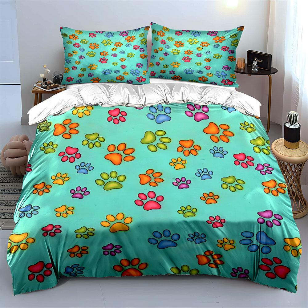 Colorful Paw Print Gift Set Soft Comfortable Duvet Cover Bedding Set Included 1*Duvet Cover & 2*Pillowcases, Gift