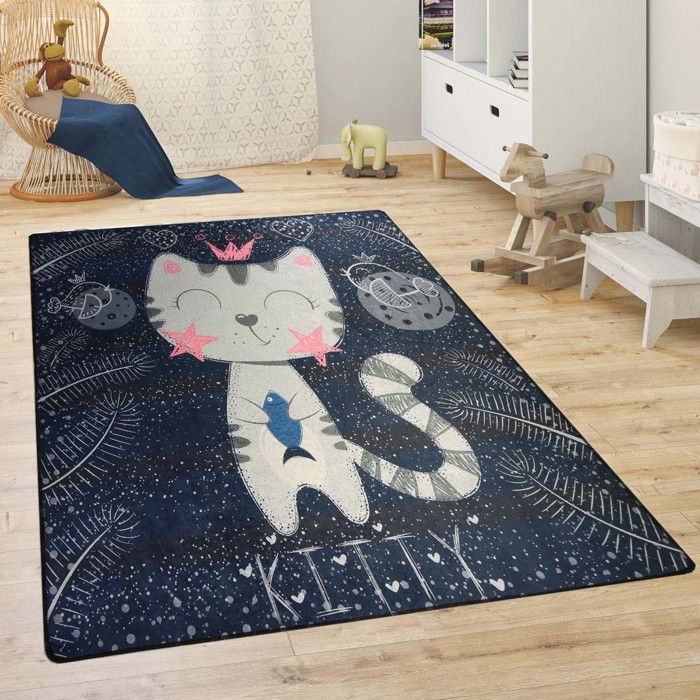 Tapis Enfant - KITTY - 80x150 cm - Antidérapant - Lavable en machine - Doux au toucher