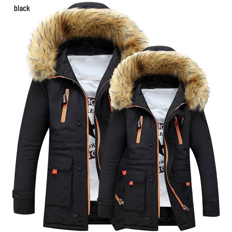Winter Solid Color Detachable Collar Black Zipper Thickened Casual Work Jacket - Warm Cold Protection
