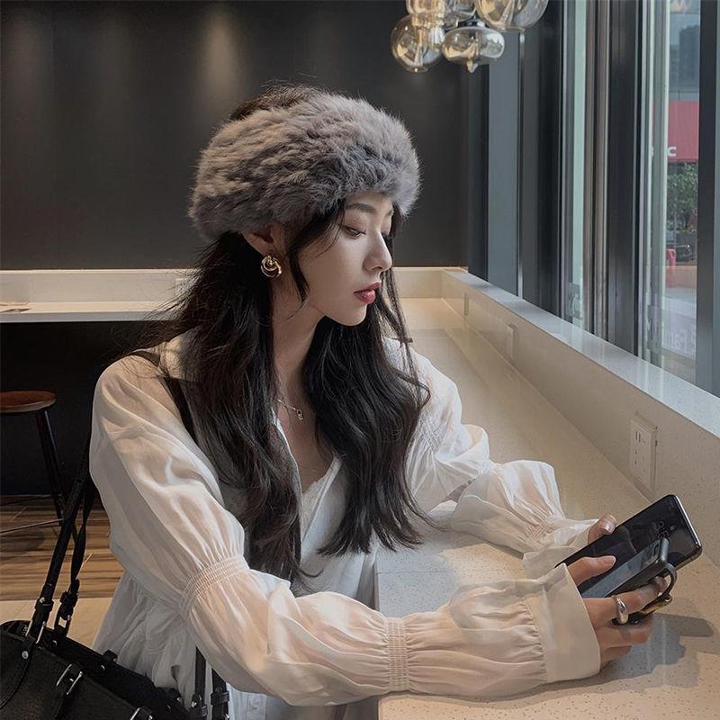 Cappelli con cappuccio in pelliccia di coniglio da donna in stile coreano per autunno e inverno - Alla moda, caldi e perfetti per viaggiare o per lo street style
