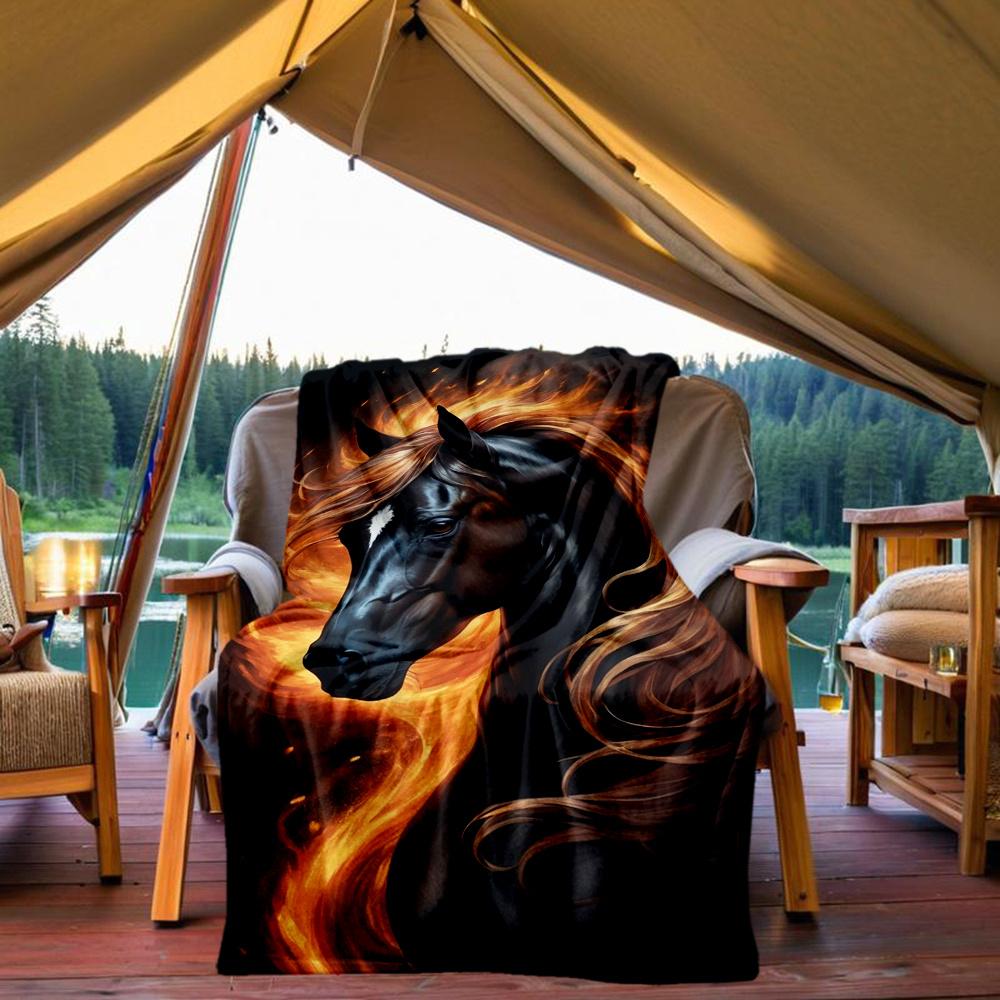 1pc Firehorse Flamepony Flannel Blanket, Comfortable and Warm Blanket, for Camping Sofa Bed and Couch Office020