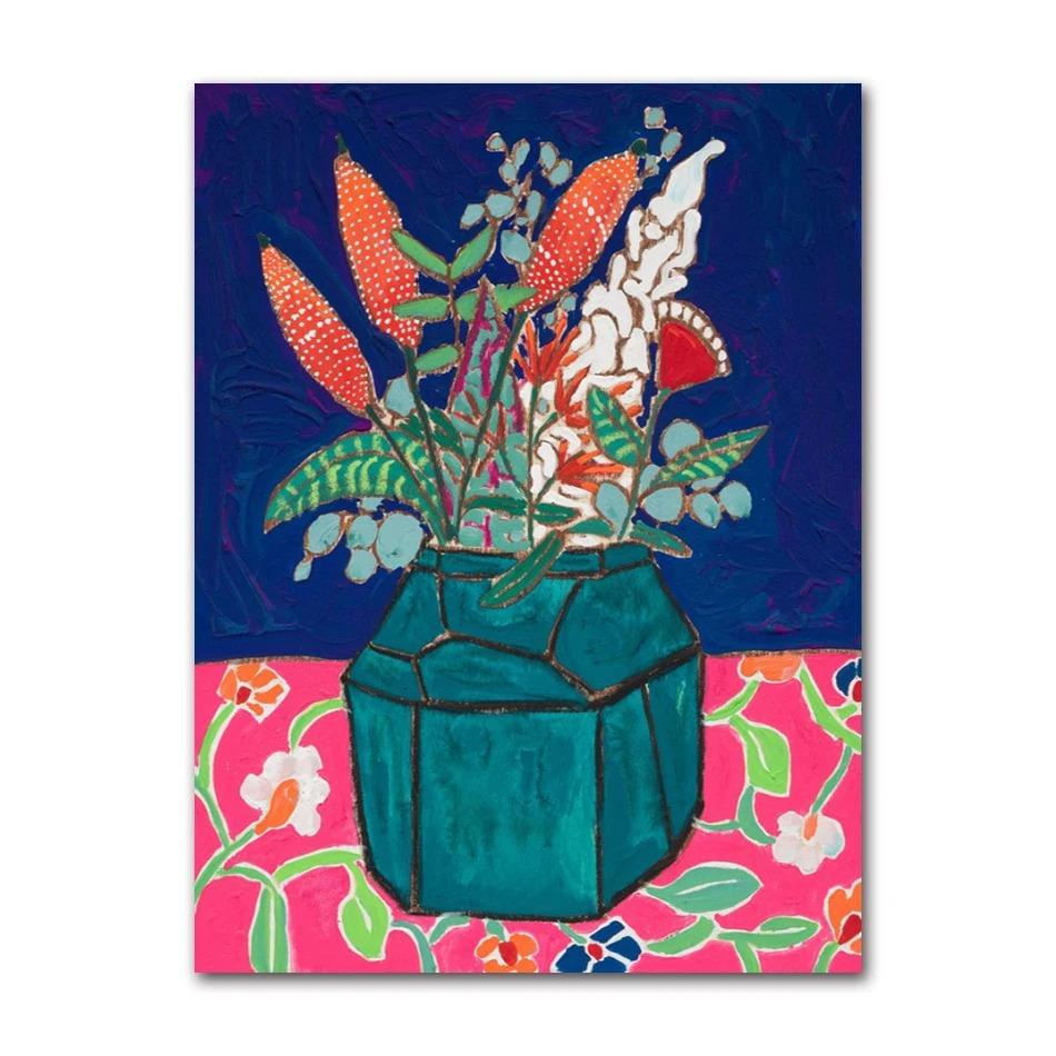 Nordic Flower Leaf Colorful Vase Art Print Wall Poster Canvas Painting Retro Picture Modern Home Decor Bedroom Decoration