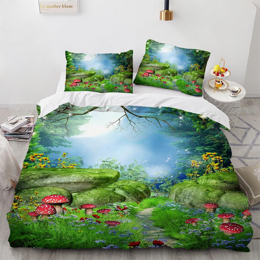 Niedliches Pilzmuster Polyester Bettwäscheset Magisches Pilzhaus King Queen Full Size Bettbezugset Erwachsene Kinder Bettdeckenbezug
