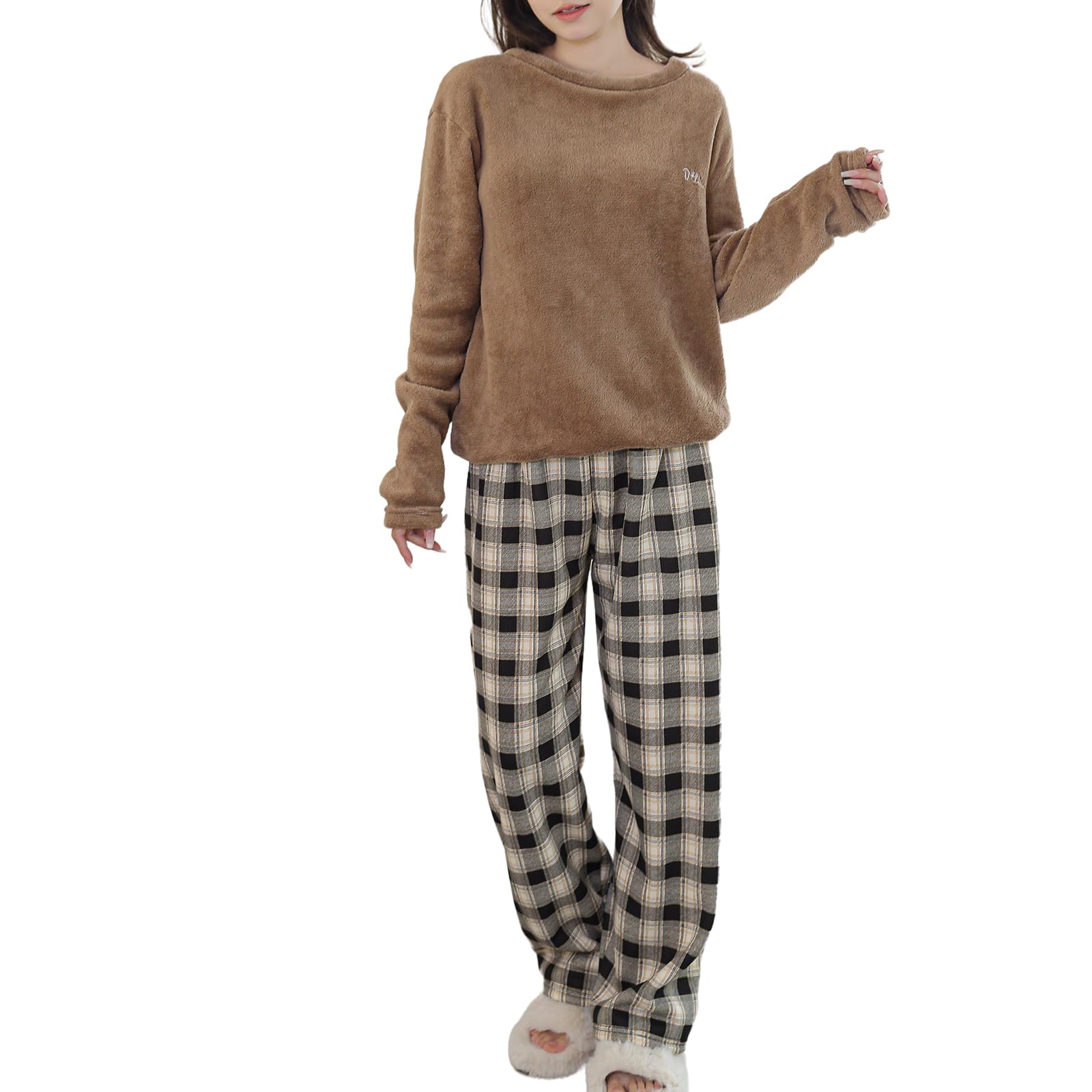 

HuuMeNEIDOO Fluffy Top and Checked Long Loose and Perfect for Fall and Winter Women s Pajamas, 2-Piece Set, Fleece-Lined Pants, Comfortable, Fit,