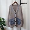 Splicing denim pocket knitted cardigan autumn and winter new loose lazy wind sweater jacket women