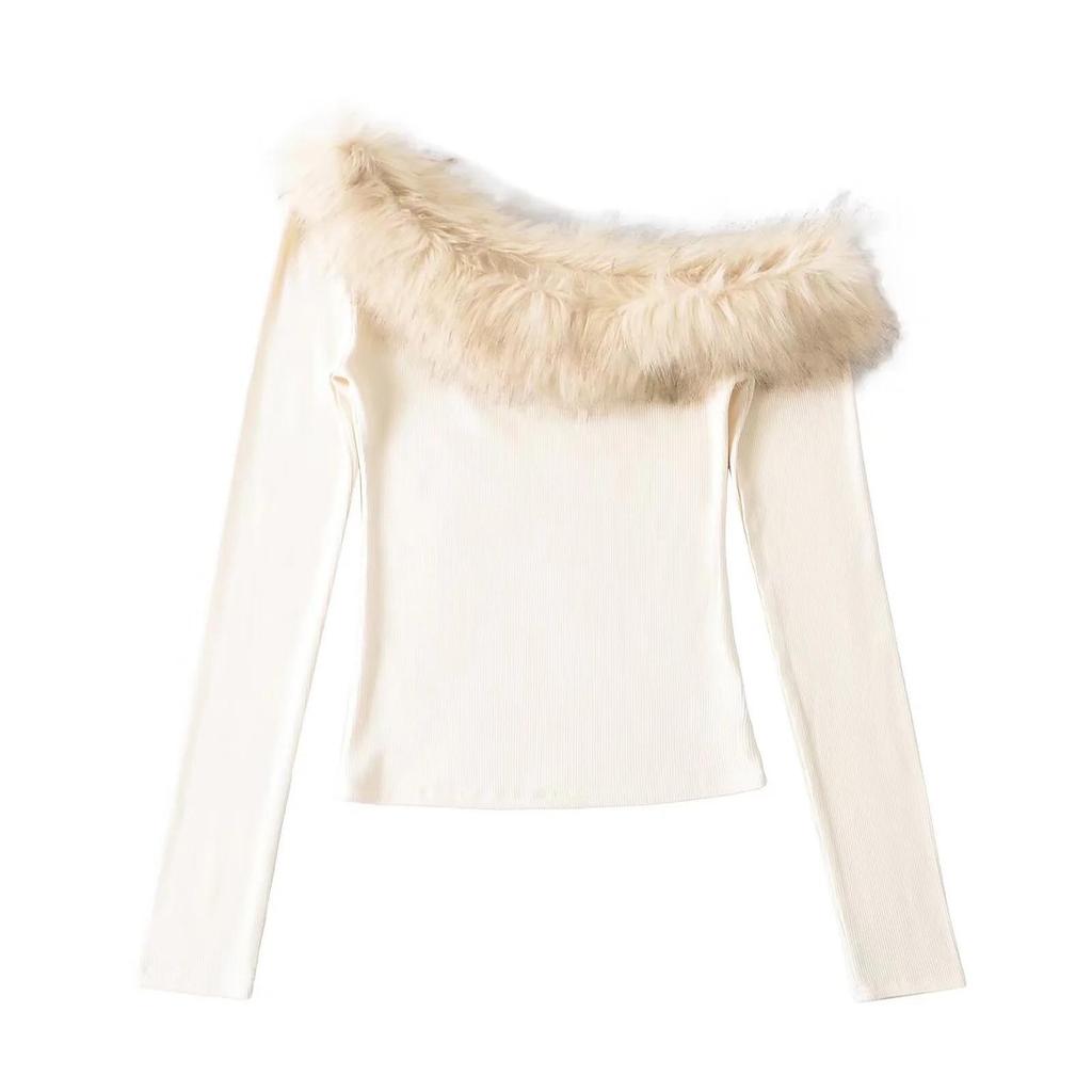 Pure Desire One-Shoulder Faux Fur Collar Patchwork Long Sleeve Women's Autumn Top
