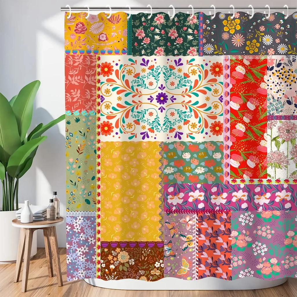 Bohemian Patchwork Print Shower Curtains for Bathroom Colorful Floral Vintage Shower Curtain Bathtubs Waterproof Fabric Screen