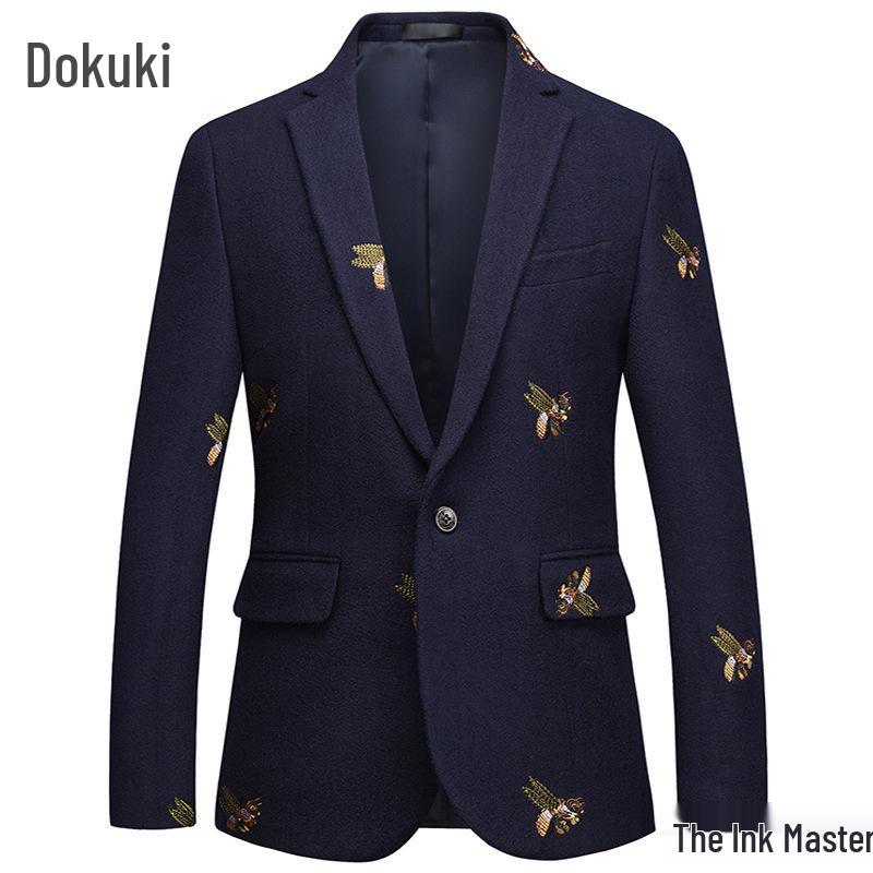 

Мужской приталенный деловой костюм кэжуал на двух пуговицах с плоским лацканом M темно-синий