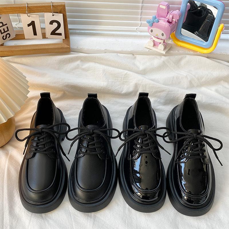 With Skirts, Small Leather Shoes, Women's Spring and Autumn New Retro Student Versatile Lace-up Thick-soled Height-increasing Single Shoes