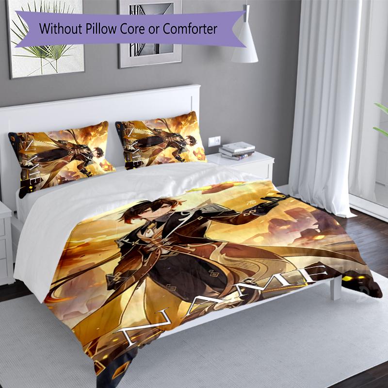 3pcs Custom Name Genshin Impact Characters Set,Includes 1 Duvet Cover and 2 Pillowcases,All-season Bedroom Decor