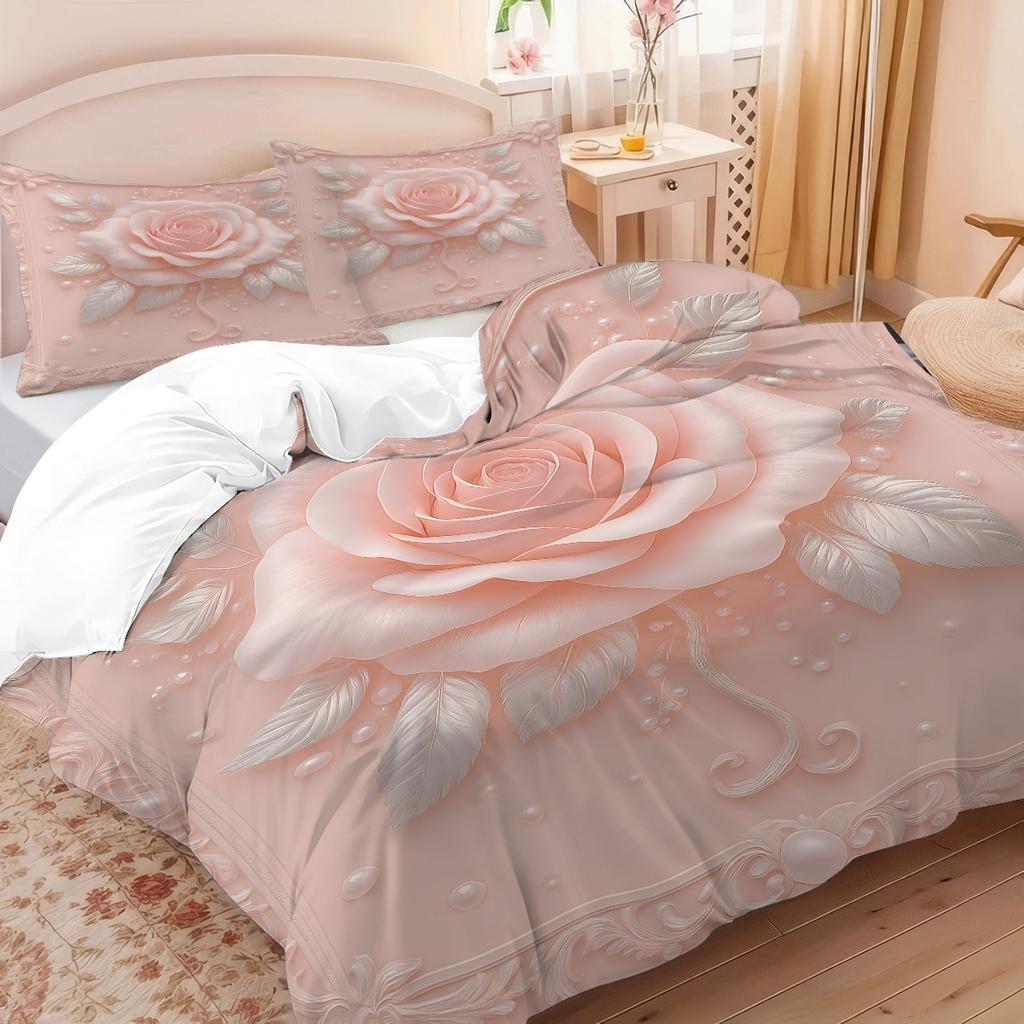 3pc Imitation 3D Pink Rose Print Coreless Bedding Set Soft and Comfortable Bedroom Dormitory Multiple Sizes Machine Washable