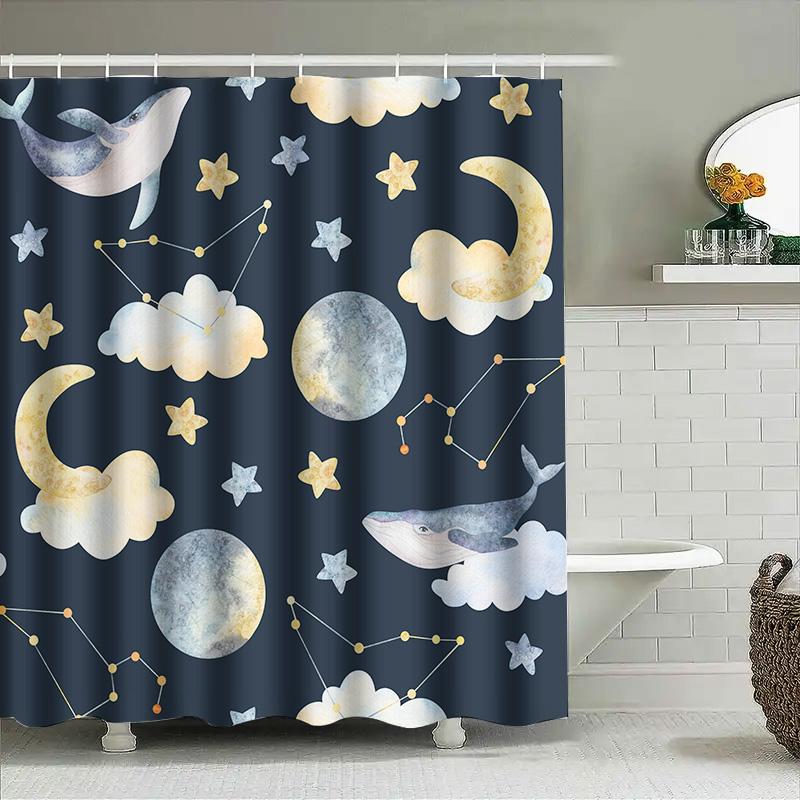 Whimsical Moon Star Print Shower Curtain Navy Blue Background with Whales, Clouds Constellations Perfect for Bath Decor!