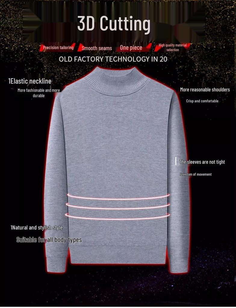 Men's Black Fleece Half-High Neck Sweater, Autumn/Winter Layer, Boys' Base Layer Knitwear