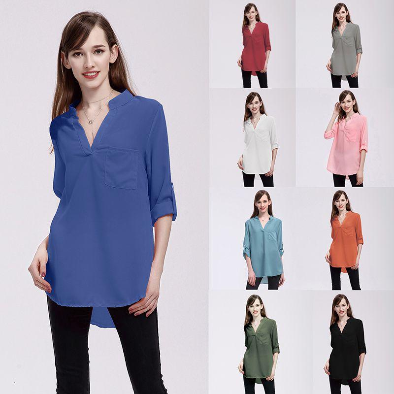 Chiffon Women Blouses Vneck Shirts Long Sleeve Loose Office Casual Spring Lady