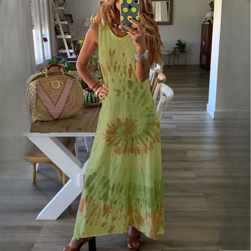 GMXIA Women's Fashion Summer Spring Solid Color Print Sleeveless O-Neck High Waist Casual Dresses