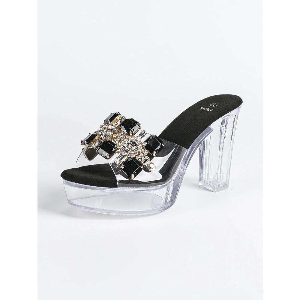 Women's 12cm Clear Chunky Heel Sandals - Fashion Square Toe Rhinestone Non-Slip Nightclub Shoes LFD-19866-10