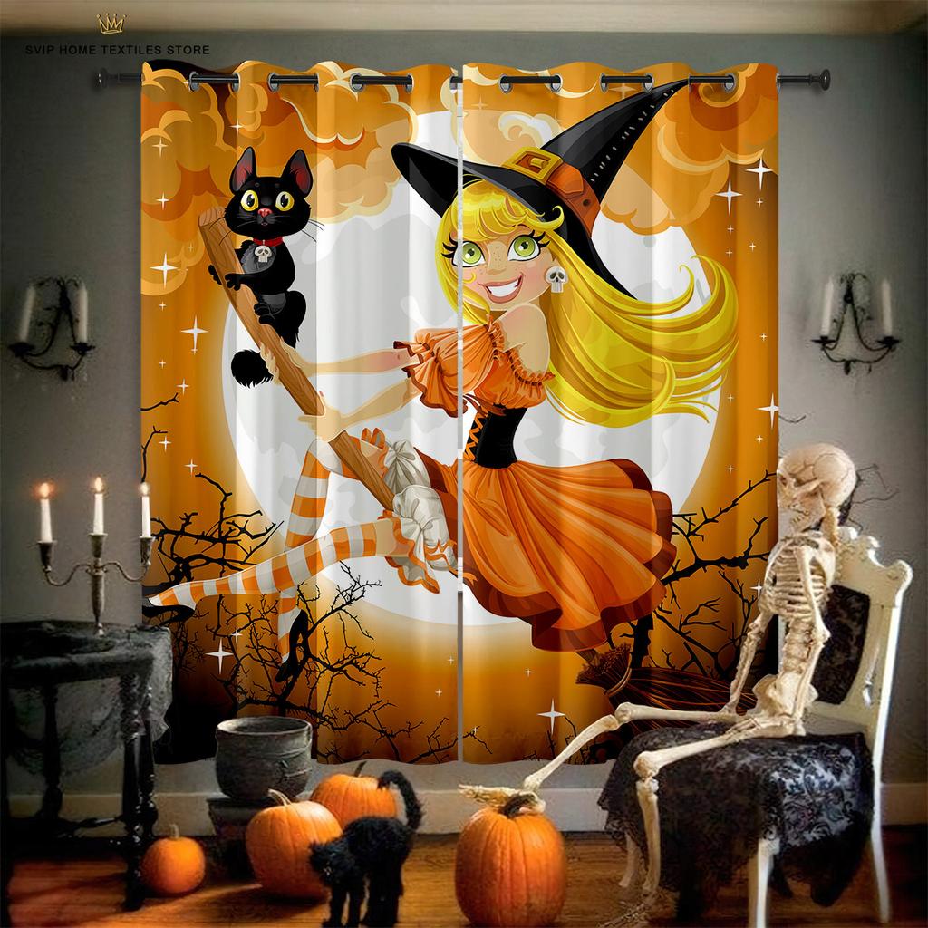 Halloween Decorative Curtains for Children's Room, Horror Cartoon Skull Print, Restaurant, Holiday Party