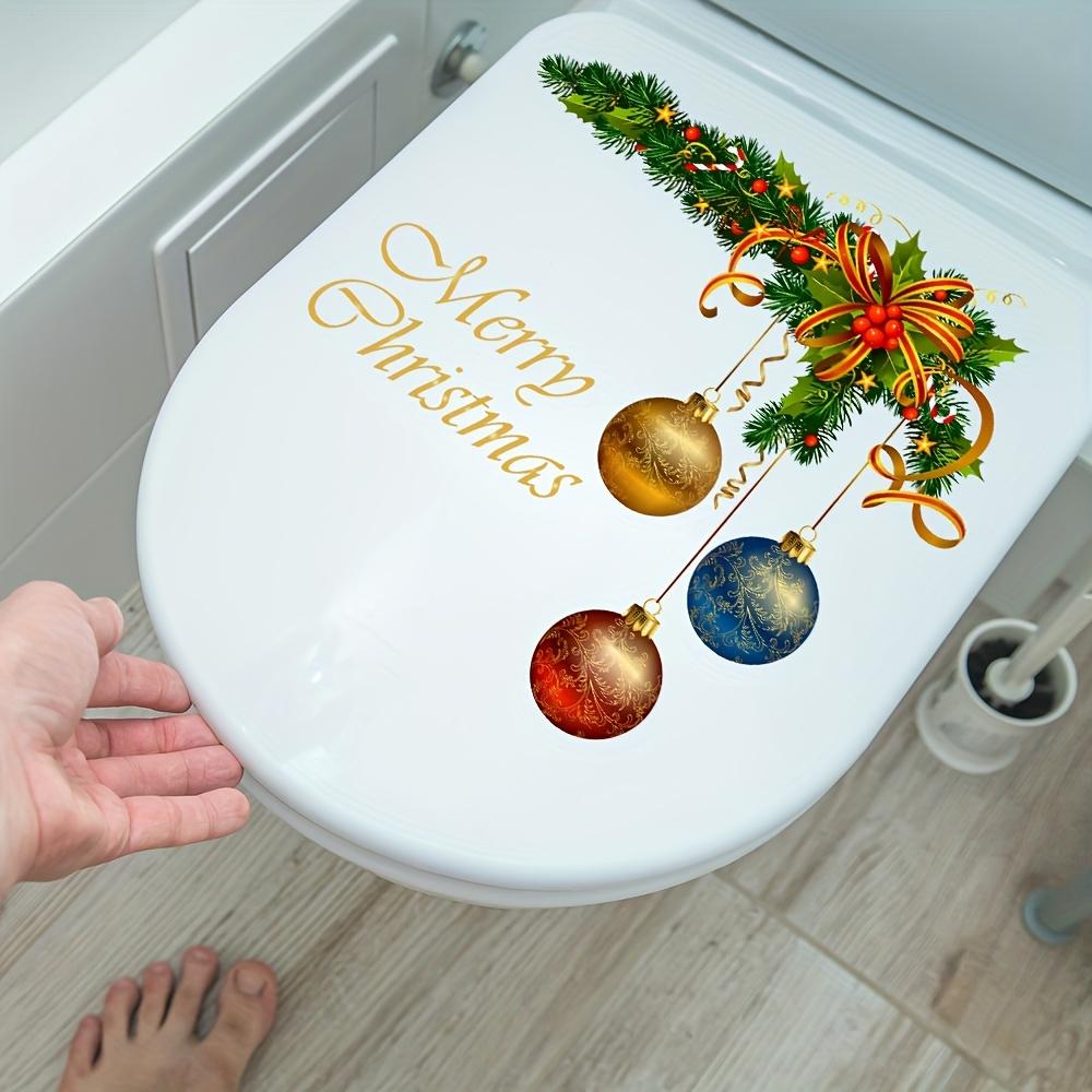 A Christmas-Themed Toilet Seat Sticker Featuring a Wreath And Colorful Balls, Made of Waterproof, Removable PVC for Decoration.