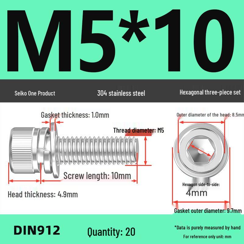 304 Stainless Steel Hex Socket Cap Screw with Washer - Sizes M3, M4, M5, M6, M8, M12