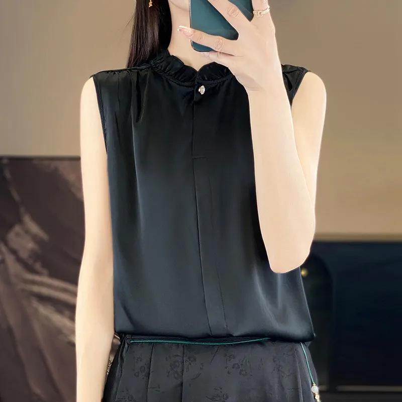

Women s Black Lace Collar Vest - Summer Style Solid Sleeveless Top M