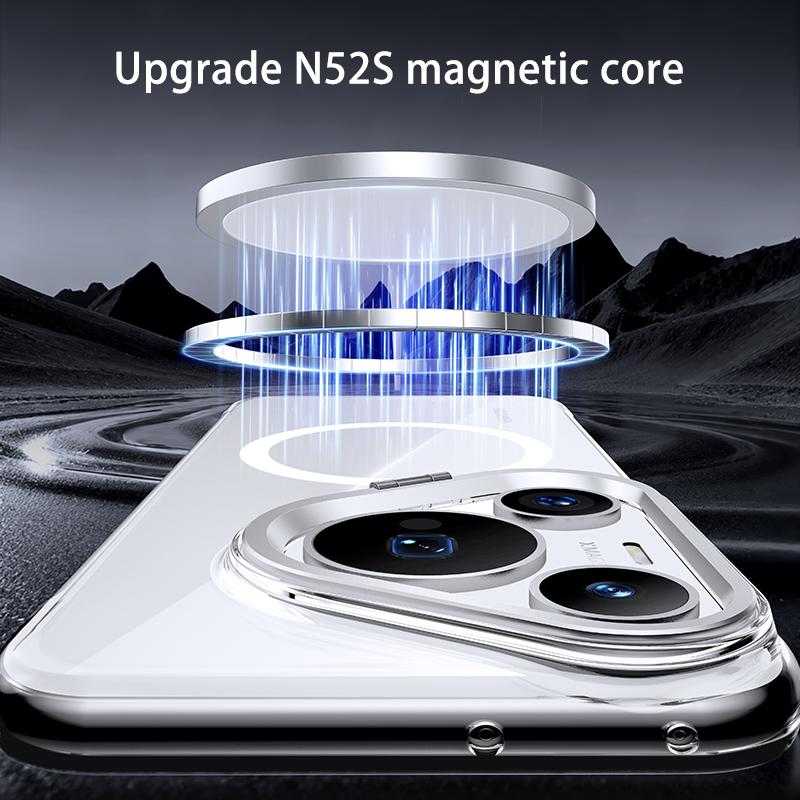 Frameless for Magsafe Magnetic Phone Case Huawei Mate 60 70 80 Pro Max + Lens Stand Holder Transparent Protective Back Cover