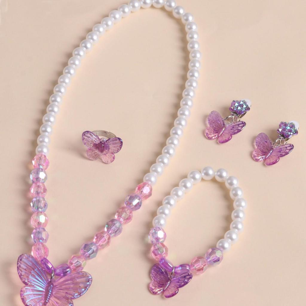 Süßes Cartoon-Schmetterling-Perlen-Schmuckset für Mädchen: Halskette, Armband, Ohrringe