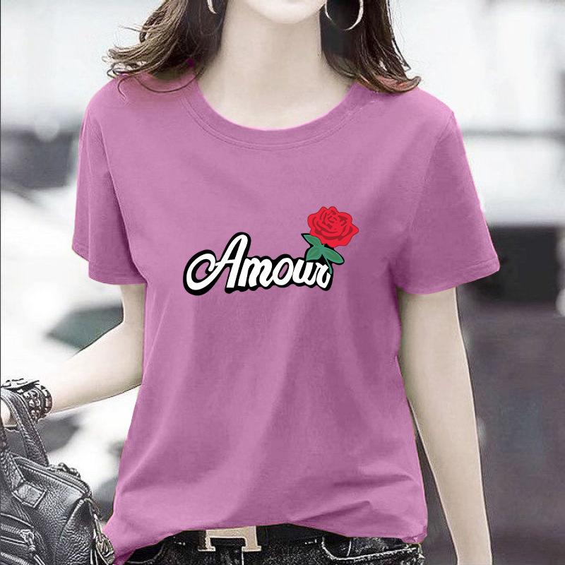 GMXIA Women's Fashion Casual Summer Spring Solid Color Print Short Sleeve O-Neck T-shirts and Loose Tops
