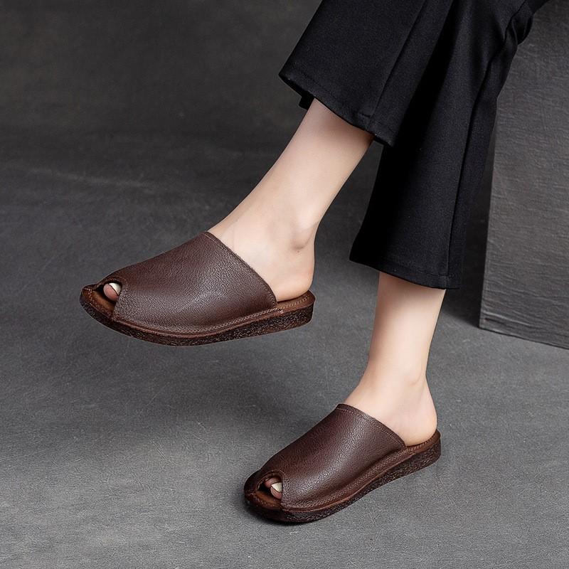 Fashion GKTINOO Breathable Soft Sole Flat Slippers 2025 Summer New Genuine Leather Vintage Peep Toe Slides Versatile Women Shoes