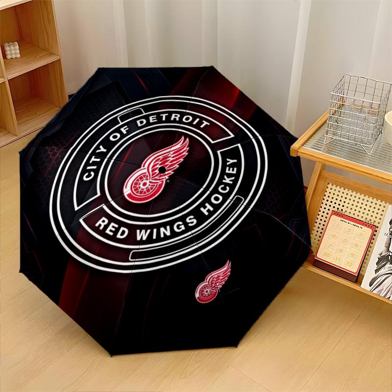 Detroit Red Wings Print Auto 8?Ribs Folding Umbrella Wind Resistant Lightweight Automatic Umbrella For Daily Travel