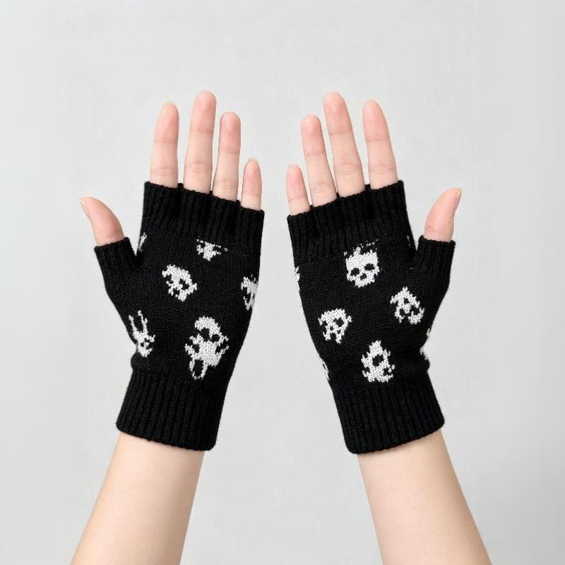New Halloween Skull Knitted Gloves For Half Finger Fingerless Gloves Warm Winter Wool Gloves Outdoor