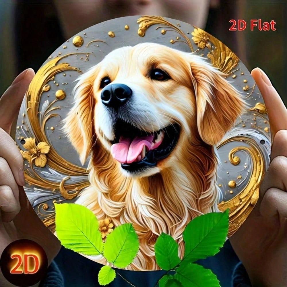 Golden Retriever Floral Metal Wall Art Decor, 2D Flat Iron Dog Sign, Waterproof Durable