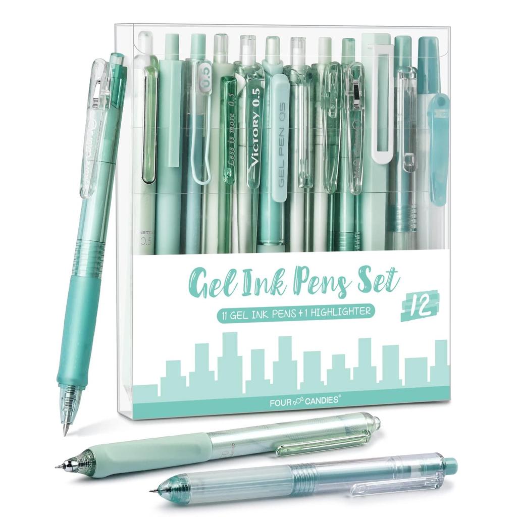 Four Candies 12pcs Pastel Gel Ink Ballpoint Pen 11pcs Gel Pens 1pc Retractable Easy To Note Taking Pen for Office Set, & Highlighter, 0.5mm, Cute,