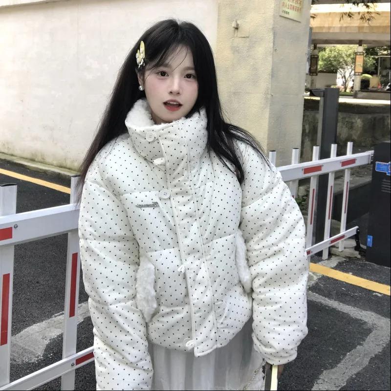Giacca trapuntata da donna Kawaii a pois Parka corto in velluto a coste Patchwork con bottoni coreani Colletto alto Y2K Giacca calda Puffer