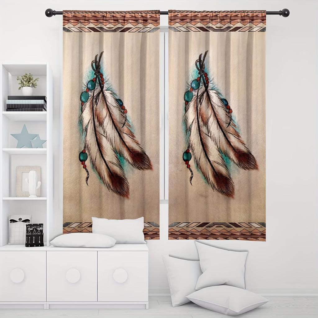 2PC Native American Feather Curtains - Tribal Geometric Border Print Window Drapes for Bedroom Living Room Decor