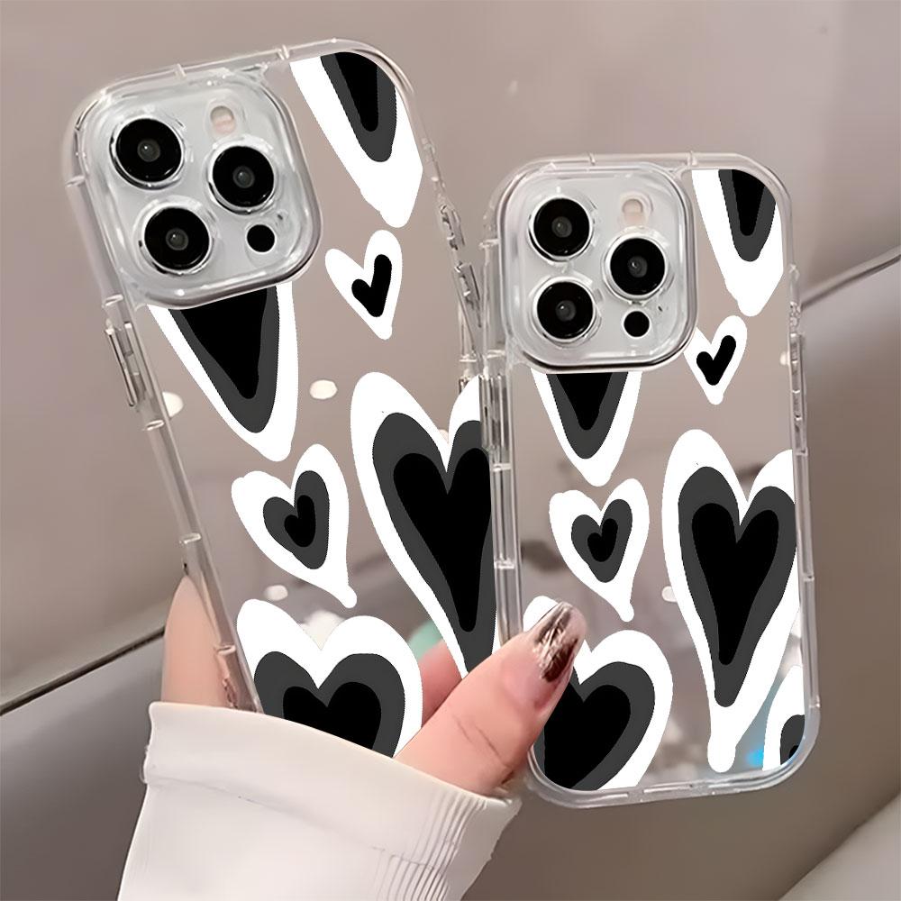 Black And White Heart Pattern Phone Case For iPhone 17 Air 16 15 14 13 12 11 Pro Max X XR XS 8 Plus Back Mirror Shockproof Cover