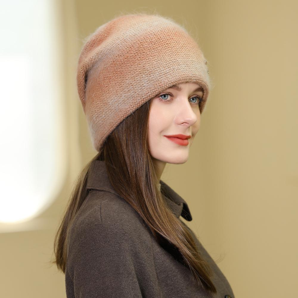 New Women Rabbit Fur Gradient Winter Hat Fashion Decorate Beanie Hat Warm Winter Cap for Female Casual Streetwear Knitted Hat