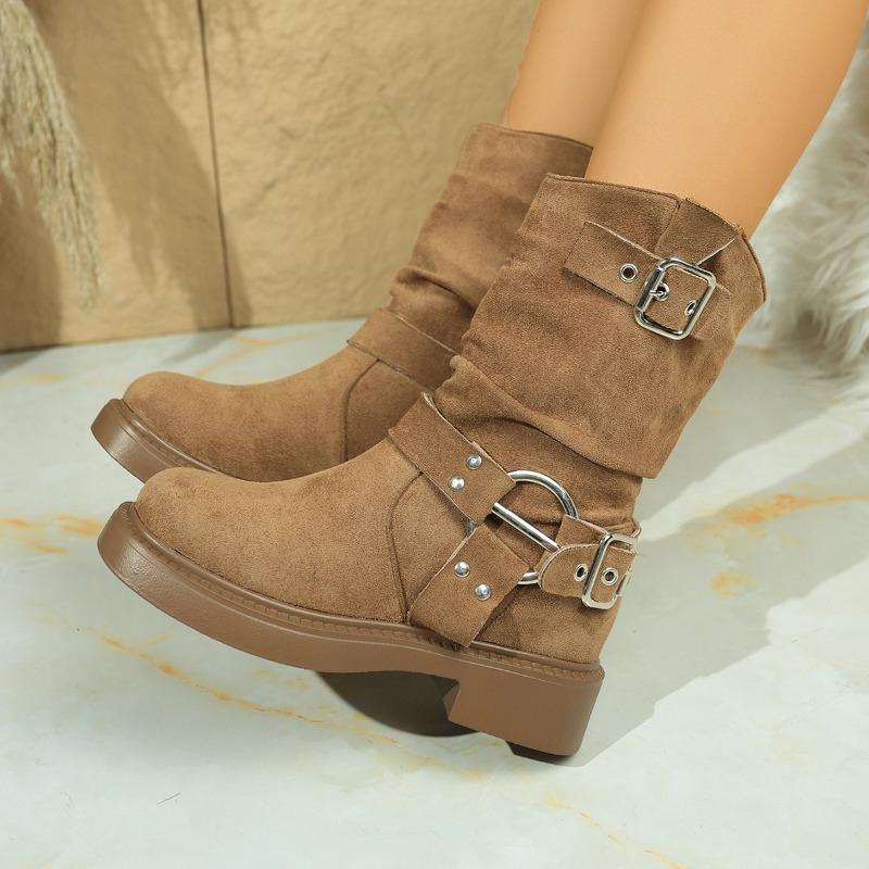 Fashion Round Toe Pleated Suede Block Heel Platform Low Top Short Boots Ethnic Women's Boots
