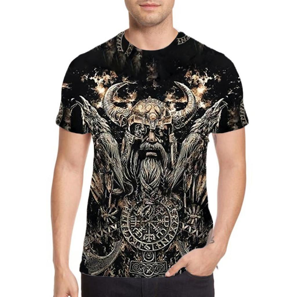 Summer Round Neck 3D Viking Pattern Print T-shirts Fashionable Casual Short Sleeved Men's T-shirts